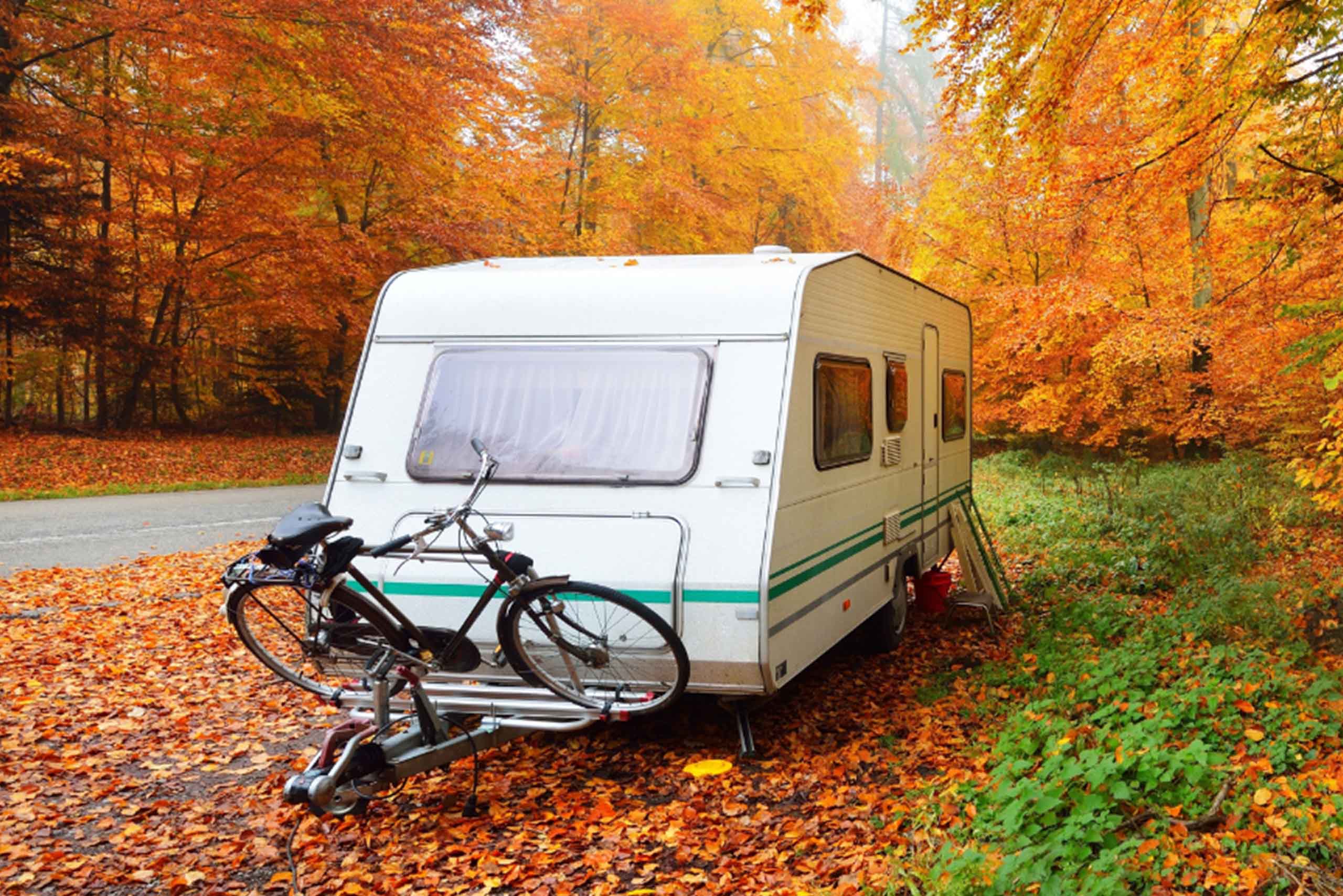A camper trailer parked among trees in the woods, with a bicycle leaning against it A camper trailer parked among trees in the woods, with a bicycle leaning against it